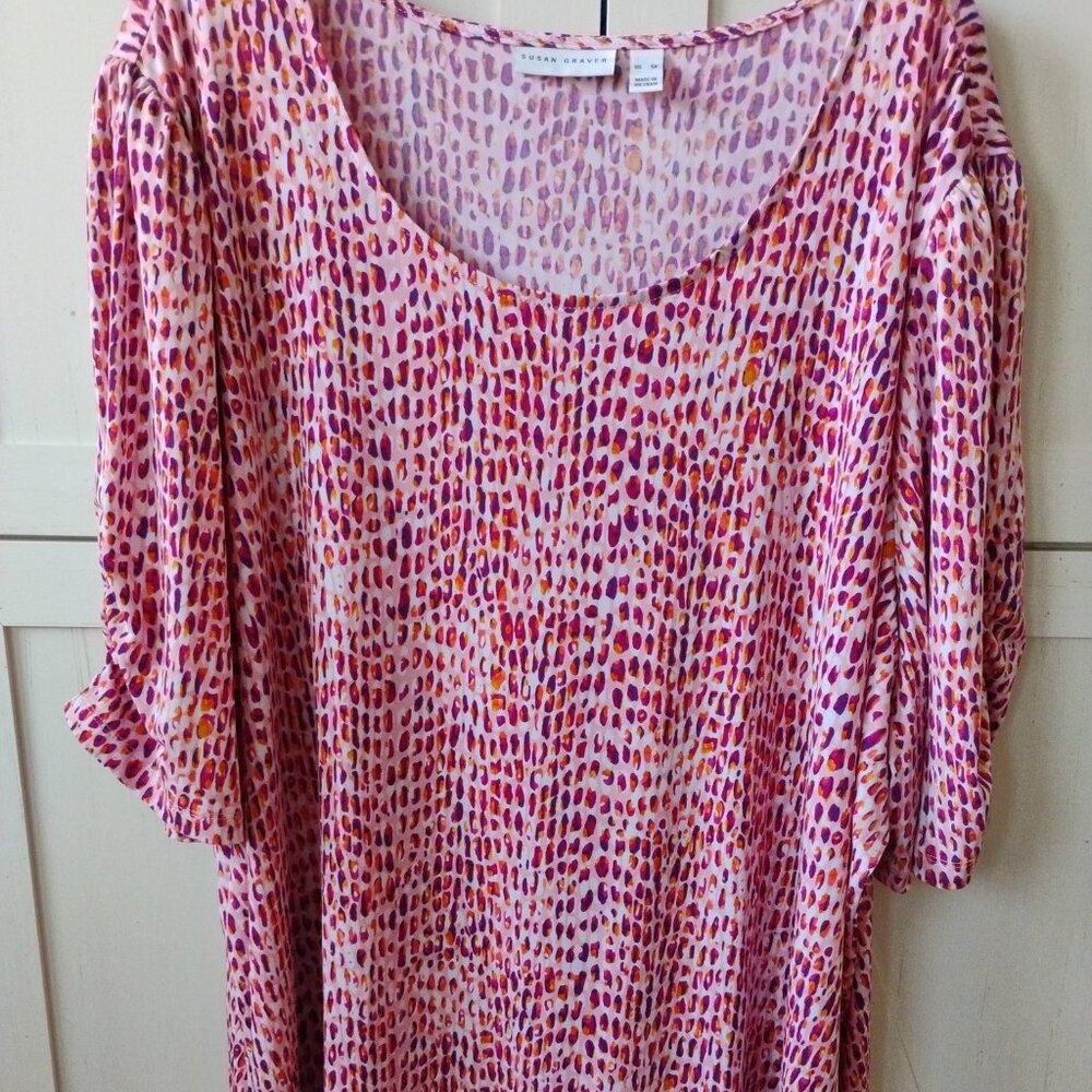 Susan Graver Liquid Knit Ruched Slve Scoop Neck Magenta Animal Print Top-5X-NWOT